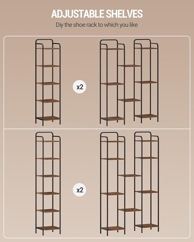 Bookcase Bookshelf, Narrow Book Shelf, Industrial Coner Shelf Storage Organizer, Slim Shelving Unit for Home Office, Living Room, Bedroom, Kitchen, 6-Tier Rustic Brown BC24601B