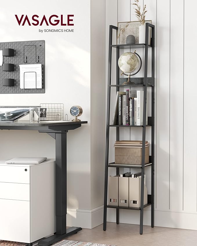 VASAGLE Bookshelf, 5-Tier Narrow Bookcase, Ladder Shelf for Home Office, Living Room, Bedroom, Kitchen, Ebony Black and Ink Black ULLS109B56