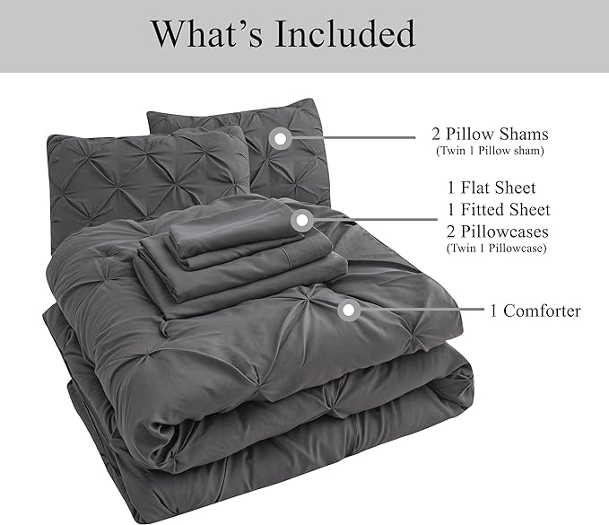 LANE LINEN Twin Comforter Set with Sheets, 5 Piece Twin Bed in a Bag Set, Pintuck Twin Bedding Sets, Ultra Soft Twin Bed Set, Fluffy Comforter, Twin Size Comforter Set with Pillowcases & Shams - Grey