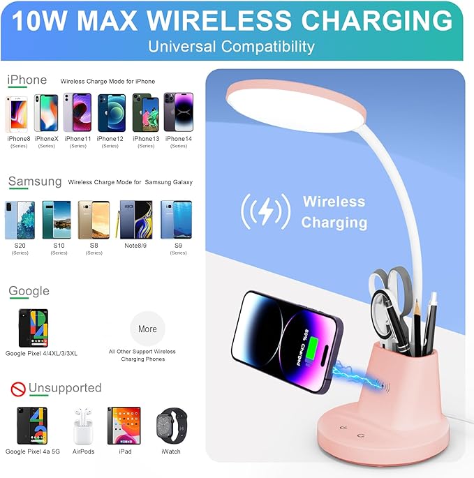 Sailstar Desk Lamp for Home Office, Small Desk Lamp with Wireless Charger & Pen Holder, Cute Desk Lamp LED Dimmable Touch 3 Lighting Modes Memory, Gooseneck Pink Desk Light for College Dorm Room