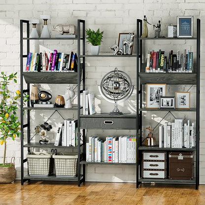 NUMENN Triple Wide 5 Tier Bookshelf, Adjustable Rustic Industrial Style Book Shelves, Modern Bookcases and Bookshelves Furniture for Bedroom, Living Room and Home Office, Dark Grey