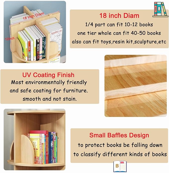 Gdrasuya10 2 Tier Rotating Bookshelf with Legs, Small Rotating Bookshelf Wood Revolving Bookcase Book Organizer Book Display Shelves Storage for Living Room Bedroom Study Room