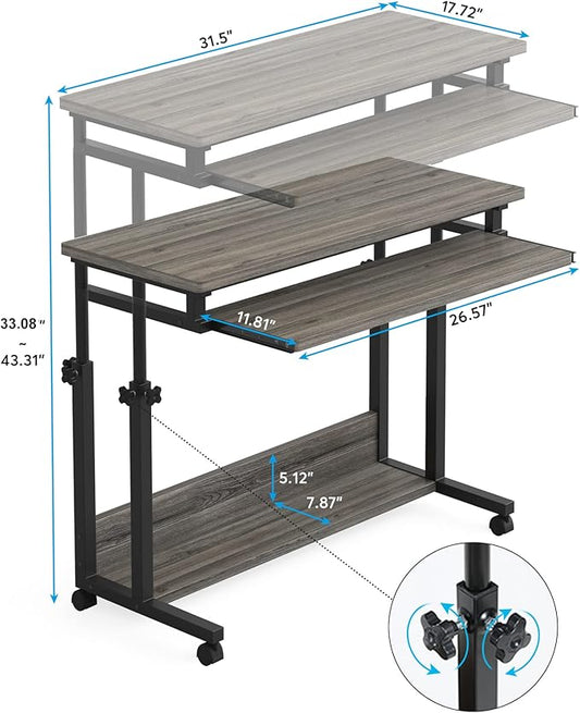 Tribesigns Portable Desk for Sofa and Bed, Height Adjustable Mobile Laptop Table Small Standing Desk Rolling Computer Cart with Keyboard Tray on Wheels for Home Office (Grey)