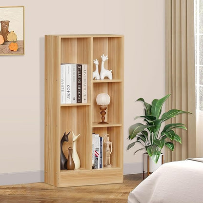 LEYAOYAO 5 Cube Mid-Century Modern Natural Wood Bookshelf with Base, 3 Tier Storage Organizer Shelf, Rustic Wood Display Cabinet for Bedroom, Living Room, Office
