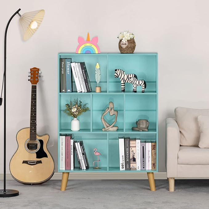 LEYAOYAO 7 Cube Bookshelf 3-Tier Bookcase with Legs, Mint-Green Kids Book Shelf Cute Storage Organizer, Toy Shelves Bookshelves,Wood Display Bookcases