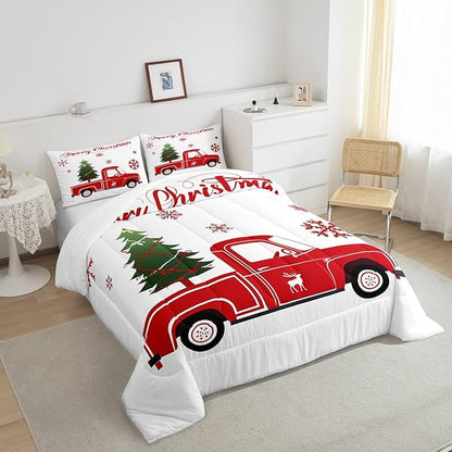 Christmas Tree Comforter Set Full Size Red Truck Bedding Set Boys Girls Red Xmas Gift Snowflakes Comforter for Teens Bedroom Decor Elk Deer Christmas Decorations Bedding Duvet Set