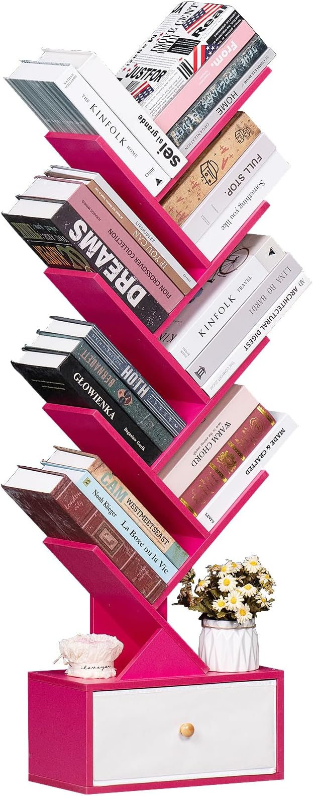 8 Tier Tree Bookshelf with Drawer, Free Standing Wood Bookcase for Narrow Space, Storage Organizer Bookshelves for Books, Book Case for Home Office, Living Room, Bedroom - Pink