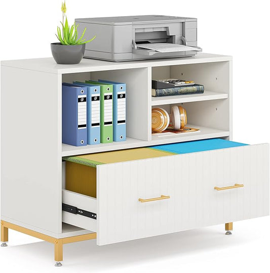 White Lateral File Cabinet with Drawer, 35.4" Modern Filing Cabinet with Adjustable Hanging Rod for Legal/Letter/A4 Size Files, Wood Printer Stand with Open Storage Spaces for Home Office