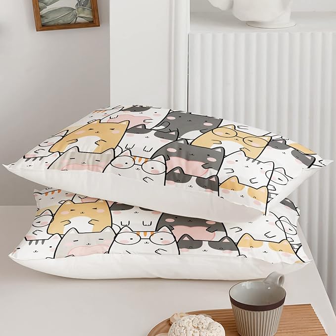 Kawaii Cat Comforter Twin Size,Cats Comforter Set for Kids Teens Girls Boys,3Pcs Bedding Set Printed Comforter with 2 Pillowcases,Down Alternative,Soft and Lightweight，Twin Size