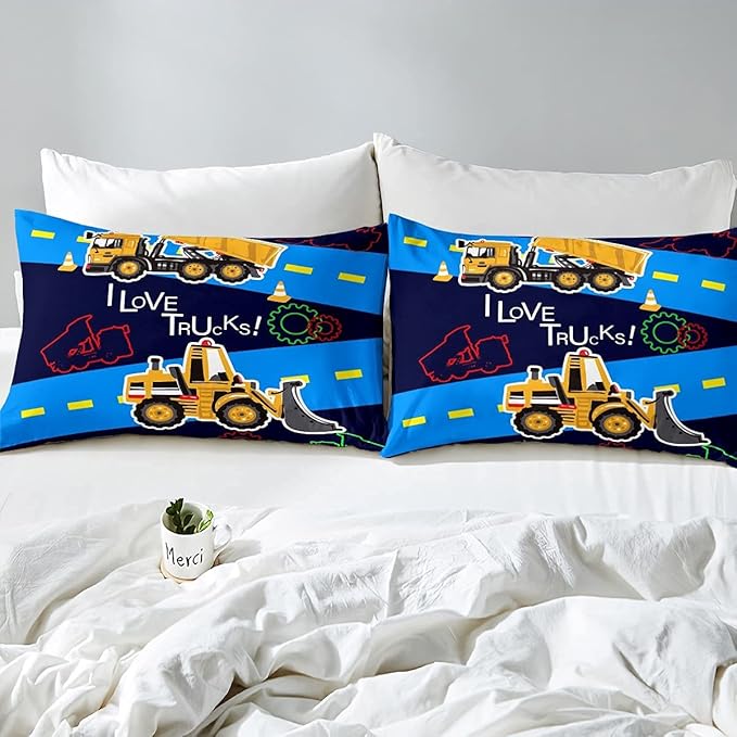 Truck Comforter Set Boys Queen Bedding Sets Kids Excavator Equipment Truck Duvet Set Construction Vehicle Quilt Set Cartoon Machinery Truck Gear Comforter Set Bulldozer Tractor Cars Bedding,Colorful
