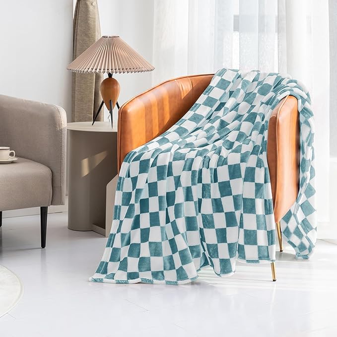 LOMAO Throw Blankets Flannel Blanket with Checkerboard Grid Pattern Soft Throw Blanket for Couch, Bed, Sofa Luxurious Warm and Cozy for All Seasons (Light Blue, 40"x50")