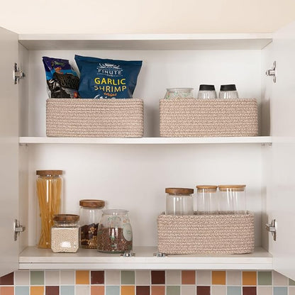 3 Pack Small Storage Baskets for Organizing, Cute Woven Decorative Gift Baskets for Shelves, Mini Closet Organizer Bins with Handles, 11.81''Lx7.87''Wx4.72''H-Brown