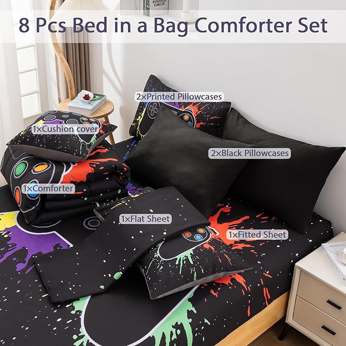 8Pcs Gamer Comforter Set with Sheets for Boys Girls Kids Teens, Colorful Graffiti Gaming Themed Bed in A Bag Queen Size, Black 3D Video Game Controller Bedroom Decor Bedding Set-Black