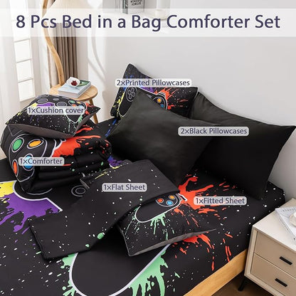 8Pcs Gamer Comforter Set with Sheets for Boys Girls Kids Teens, Colorful Graffiti Gaming Themed Bed in A Bag Queen Size, Black 3D Video Game Controller Bedroom Decor Bedding Set-Black