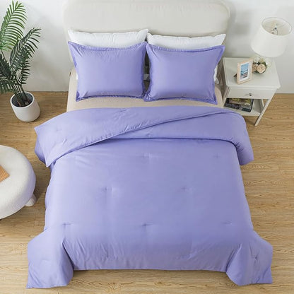 Queen Lavender Purple Comforter Set, Solid Luxury Skin-friendly Boho Bedding Set & Collections, Breathable Fluffy Microfiber 3 PCS (90"x90") Comforter Set for All Seasons with Pillowcases