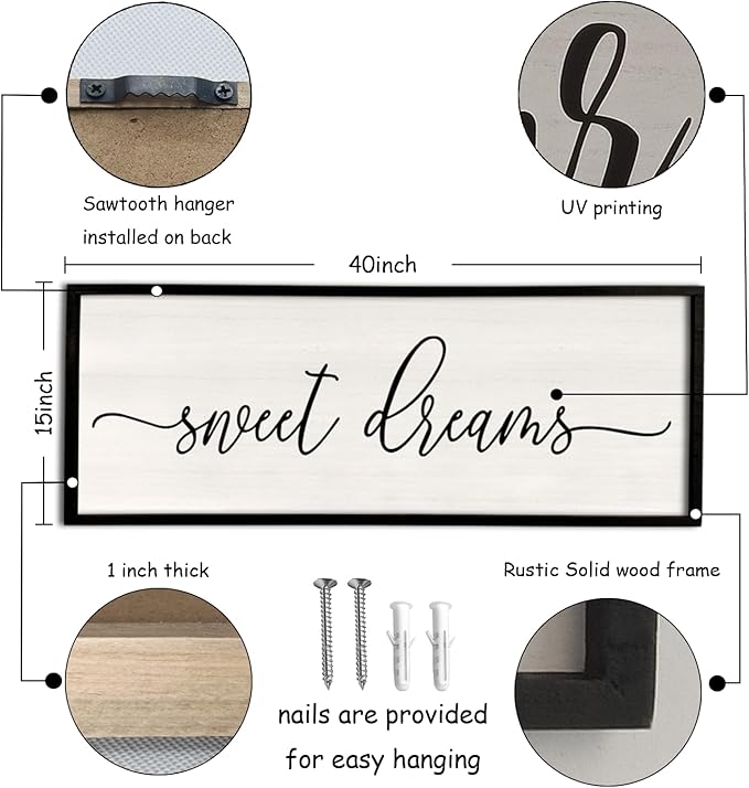 Sweet Dreams Wall Decor Above Bed 40''×15'' Master Bedroom Large Sweet Dreams Sign Farmhouse Wall Decor Guest Room Wood Rustic Framed Over Bed Wall Art Hanging Decoration (Black)