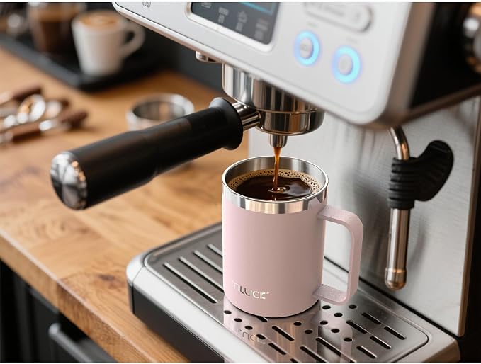 TILUCK 12 oz Insulated Coffee Mug with Lid and Handle | BPA-Free Lid, Double-Wall Vacuum Insulation, Stainless Steel Coffee Cup, Dishwasher Safe Mug for Hot & Cold Drinks, LightPink