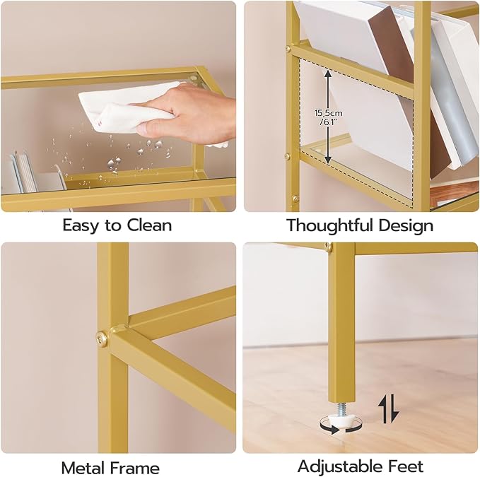 HOOBRO 3-Tier Bookcase, Tempered Glass Bookshelves, Record Storage Rack with Side Fence, Storage Shelves for Bathroom, Slim Shelving Unit for for Living Room, Home Office, Gold GD81CJ01