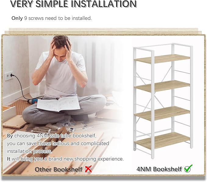 4NM Bookshelf 4 Tier Industrial Bookcase Home Office Adjustable Bookshelves Storage Shelves Organizer Vintage Book Shelf Display Rack for Living Room, Bedroom,Home - Natural