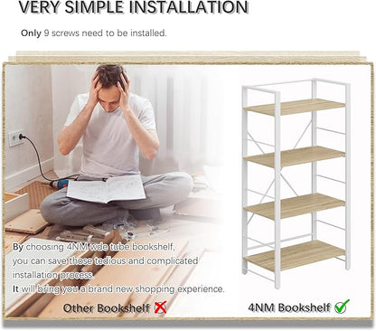 4NM Bookshelf 4 Tier Industrial Bookcase Home Office Adjustable Bookshelves Storage Shelves Organizer Vintage Book Shelf Display Rack for Living Room, Bedroom,Home - Natural