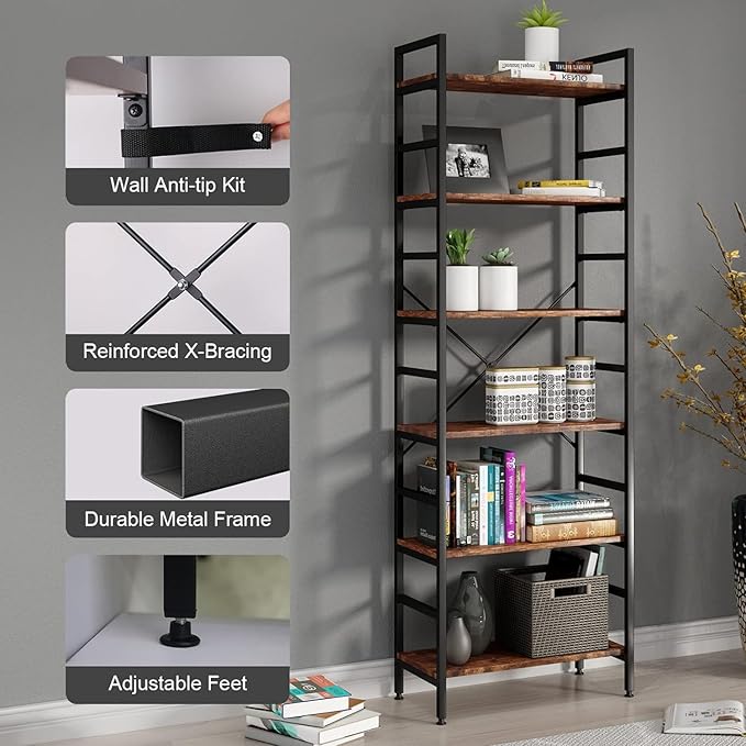 6 Tier Industrial Bookcase Shelf,Tall Bookshelf Industrial Corner Storage Organizer for Bedroom/Living Room/Home Office - Rustic Brown Modern Book Shelf for Books and Movies