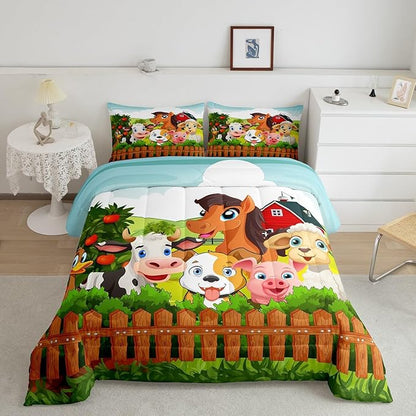 Kids Cartoon Comforter Set Toddler Cute Farm Animals Comforter Cattle Sheep Pigs Dogs Horses Bedding Set for Boys Girls Children Farmhouse Duvet Set Ultra Soft Room Decor Full Size Colorful Quilt Set