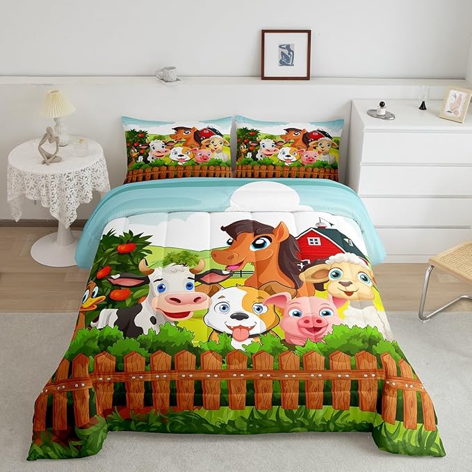 Kids Cartoon Comforter Set Toddler Cute Farm Animals Comforter Cattle Sheep Pigs Dogs Horses Bedding Set for Boys Girls Children Farmhouse Duvet Set Ultra Soft Room Decor Twin Size Colorful Quilt Set