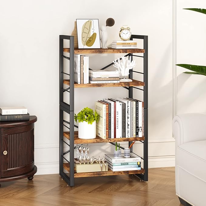 Bookshelf, 4 Tier Stackable Bookcase, Adjustable Industrial Book Shelf Storage Organizer for Desktop, Living Room, Bedroom, Office(Rustic Black and Brown)