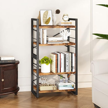 Bookshelf, 4 Tier Stackable Bookcase, Adjustable Industrial Book Shelf Storage Organizer for Desktop, Living Room, Bedroom, Office(Rustic Black and Brown)