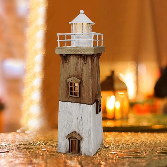Linfevisi Wood Lighthouse Decor Rustic LED Light House Decor Wooden Decorative Nautical Lighthouse Statue Coastal Beach Themed Lighthouse Handcrafted Tabletop Decoration Home Bathroom (13.78")