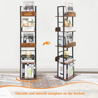 Bikoney Bookshelves 5-Tier, Rotating Bookshelf Tower for Corner, Small Bookcase, Tall Industrial Bookshelf, Narrow Bookshelf, Wood and Metal Black