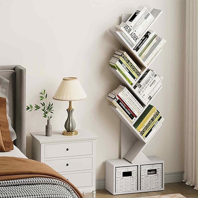 Vagusicc 6 Tier Tree Bookshelf - Modern Shelf Floor Standing Bookcase with Baskets, Tall Wood Book Storage Rack for Books/CDs, Tree Utility Book Organizer Shelves for Living Room, Home Office, Bedroom
