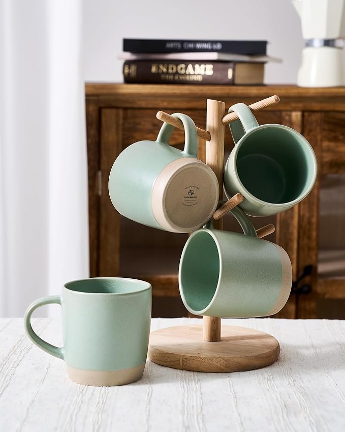 famiware Coffee Mugs Set of 4, Milkyway 13 oz Mug Set, Ceramic Cup Set with Handle for Coffee, Tea, Cocoa, Milk, Light Green