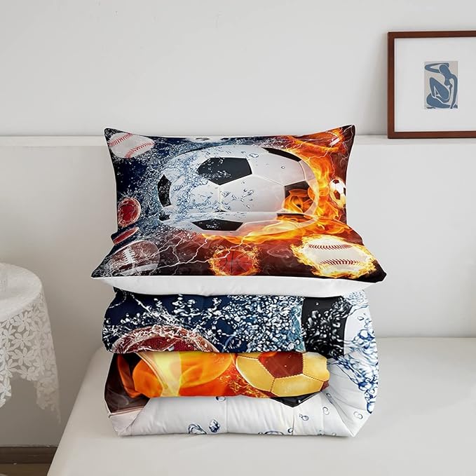 Erosebridal Boys Soccer Bedding Set Football Sports Twin Comforter Set for Kids Teens Youth Bedroom Decor Lightning Baseball Quilt Duvet Water Fire Basketball Comforter with 1 Pillow Case Red Blue