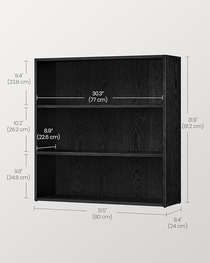 VASAGLE Bookshelf, 31.5 Inches Wide, 3-Tier Open Bookcase with Adjustable Storage Shelves, Floor Standing Unit, Ebony Black ULBC173T56