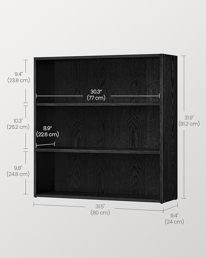 VASAGLE Bookshelf, 31.5 Inches Wide, 3-Tier Open Bookcase with Adjustable Storage Shelves, Floor Standing Unit, Ebony Black ULBC173T56