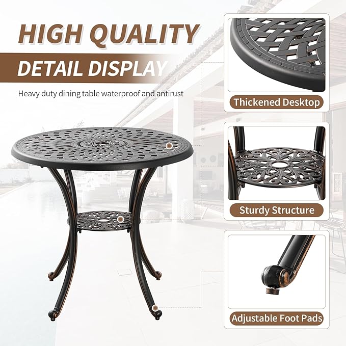 Cast Aluminum Patio Dining Set, Outdoor Bistro Set, 31.5" Round Patio Table with Umbrella Hole, 2 Patio Chairs for Yard Porch Garden Balcony