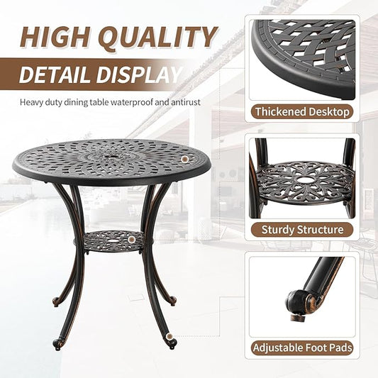 Cast Aluminum Patio Dining Set, Outdoor Bistro Set, 31.5" Round Patio Table with Umbrella Hole, 2 Patio Chairs for Yard Porch Garden Balcony