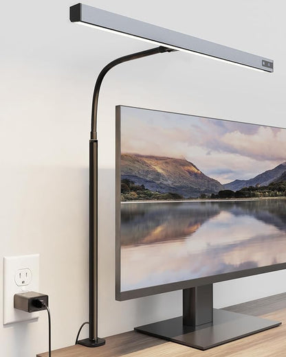 SUPERDANNY LED Desk Lamp for Office Home, Eye-Caring Desk Light with Adjustable Gooseneck, 12W Touch Control Dimmable Brightness, Architect Clamp Lamp with USB Adapter, Grey