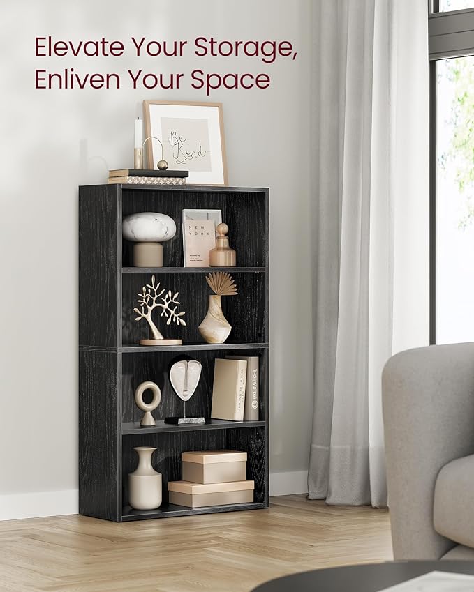 VASAGLE Bookshelf, 23.6 Inches Wide, 4-Tier Open Bookcase with Adjustable Storage Shelves, Floor Standing Unit, Ebony Black ULBC164T56