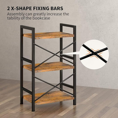 Bookshelf, 3 Tier Industrial Bookcase, Metal Small Bookcase, Rustic Etagere Book Shelf Storage Organizer for Living Room, Bedroom, and Home Office(Rustic Brown) Patent Pending D29873033