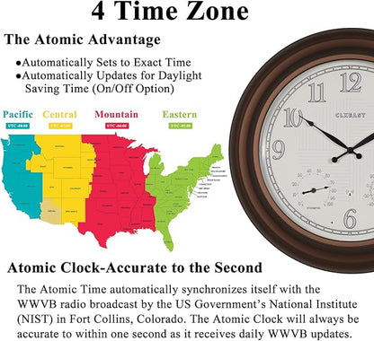 CLXEAST 24 Inch Illuminated in/Outdoor Lighted Atomic Analog Wall Clock with Thermometer & Hygrometer, Oversized Large Waterproof Wall Clocks for Living Room Decor,Bronze Finish