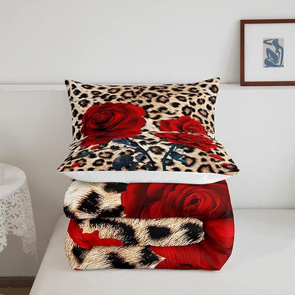 Erosebridal Rose Flower Comforter Set for Kids Girls Women, Leopard Print Down Comforter King Size, 3D Red Floral Petal Bedding Set Cheetah Animal Skin Quilted Duvet for Bedroom Decor, Brown
