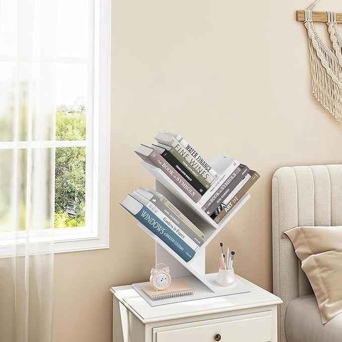 Tree Bookshelf, 3-Tier Book Storage Organizer Shelves Floor Standing Bookcase, Wood Storage Rack for Office Home School Shelf Display for Cd/Magazine（White）