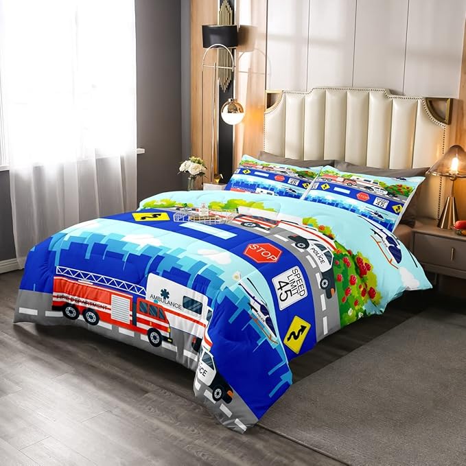 Kids Fire Trucks Car Comforter Set Twin Size Cartoon Police Car Down Comforter Airplane Ambulance Rescue Vehicles Beding Set Boys Girls Car Room Decor Soft Lightweight Duvet Set, Colorful Comforter