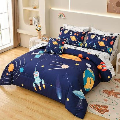 Spaceship Comforter Set Full Size, 8 Piece Bed in a Bag Rocket Space Bedding Sets for Boys Girls Kids