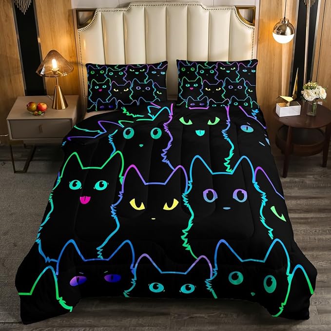 Erosebridal Boys Bedding Cartoon Cat Comforter Set Queen Size,Gradient Line Cute Cat Bedding Set for Kids Teens Girls Adults Room Decor,Lovely Animal Kitten Print Comforter All Season,Rainbow Black
