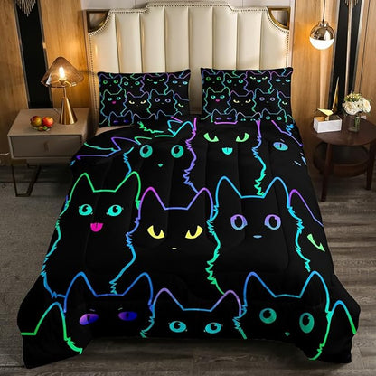 Erosebridal Boys Bedding Cartoon Cat Comforter Set Queen Size,Gradient Line Cute Cat Bedding Set for Kids Teens Girls Adults Room Decor,Lovely Animal Kitten Print Comforter All Season,Rainbow Black