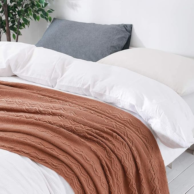 MIULEE Knitted Boho Throw Blanket for Couch Textured Knit Terracotta Rust Blanket with Tassels Cozy Woven Farmhouse Blanket for Sofa Bed Chair Wave Pattern Fall Decor 50"x60", Orange