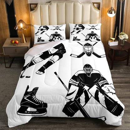Erosebridal Ice Hockey Comforter Set, Ice Hockey Player Bedding Set Queen, Winter Sports Game Duvet Set, Black White Quilt Set Cartoon Bedding Comforters for Kids Child Boys Teens Gift